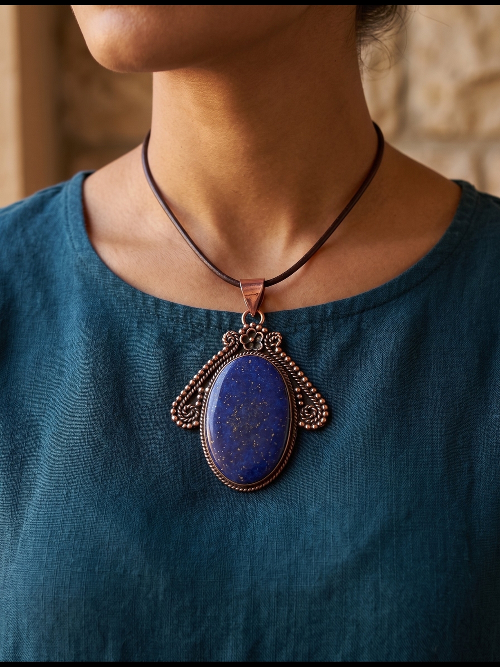 Handcrafted Lapis Oval Pendant (Necklace Not Included)